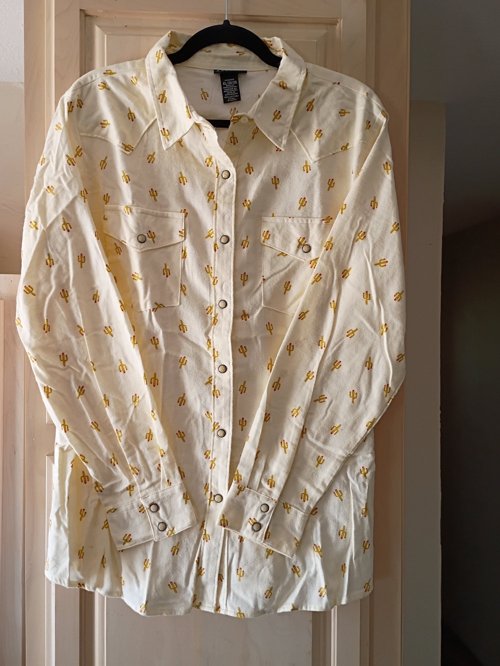 Women's Cream Button-Down Shirt with Yellow Cactus Print